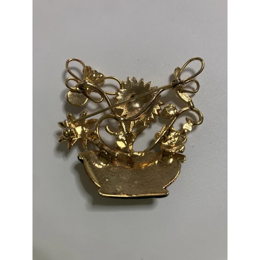 VTG Summer Brooch Pin by Kenneth Cole Sunflower Basket Bee‎ Rhinestones Grandma